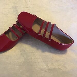 Red Patent Triple-Strap Mary Jane Flats - Women